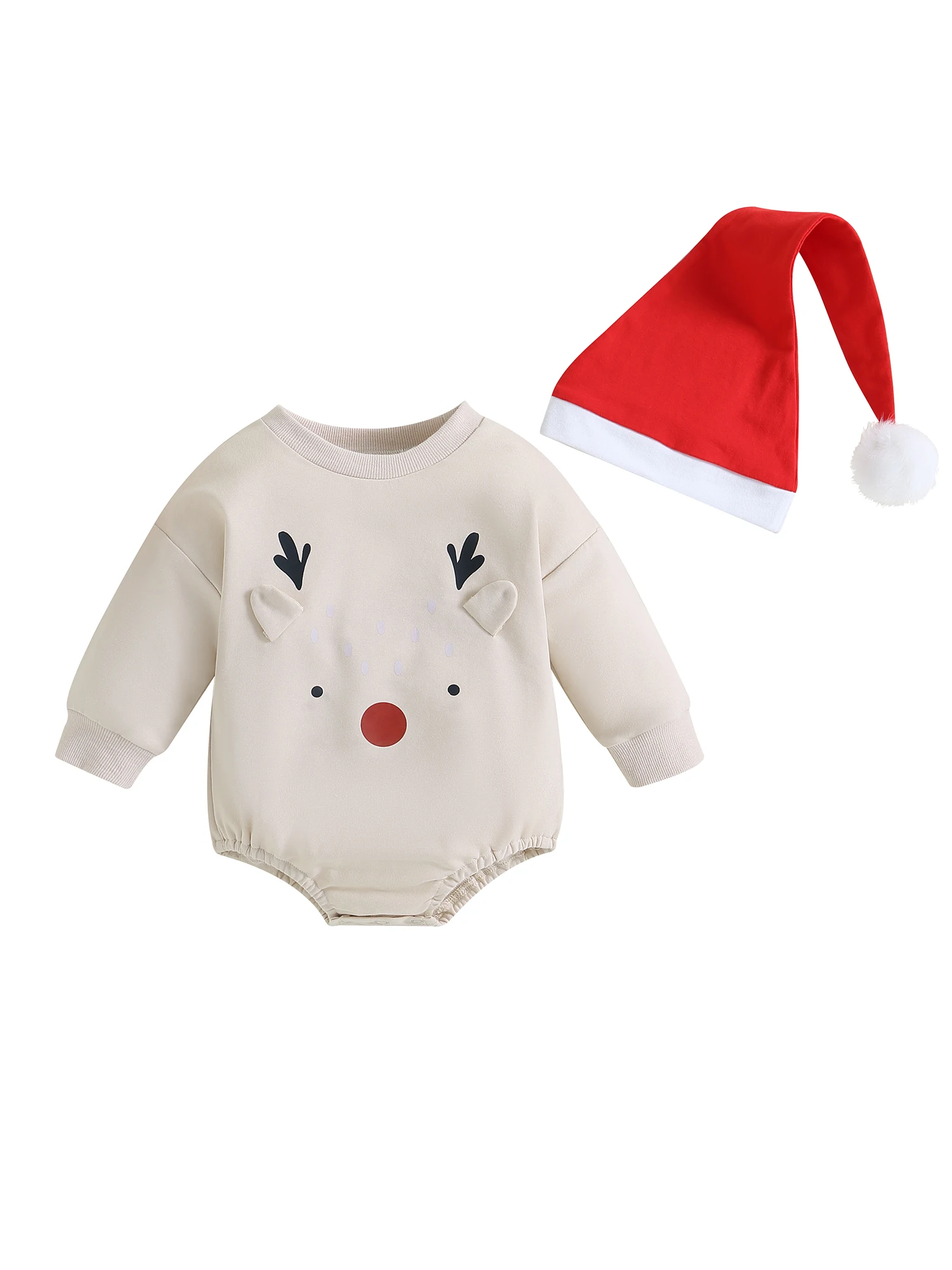 Cute Santa Claus Print Jumpsuit with Matching Hat Festive 2-piece Christmas Outfit for Infant Boys and Girls