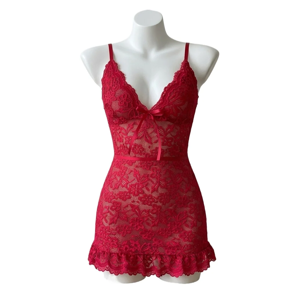 Women's Floral Lace Mini Dress with Adjustable Spaghetti Straps V-Neck Bodycon Sleeveless Cami Dress for Clubwear and Nightwear
