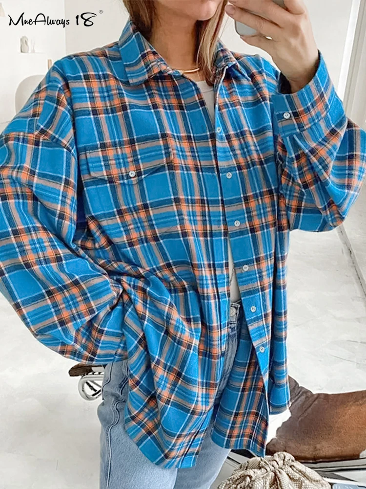 Mnealways18 Brightly Blue Streetwear Plaid Shirts Women Casual Oversize Long Sleeves Gingham Blouses And Tops Office Ladies 2024