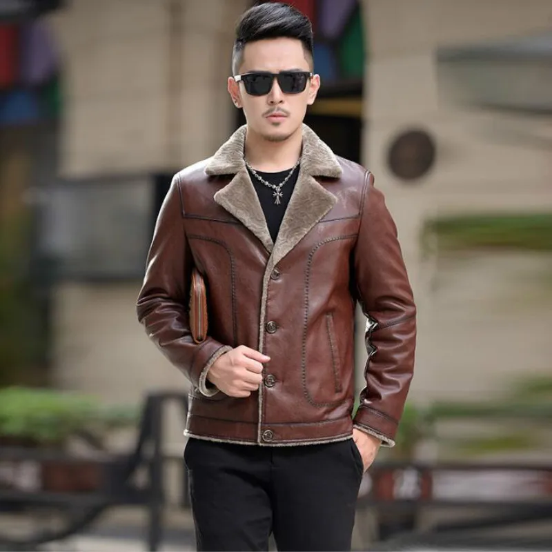 Winter New Leather Clothes Men Shorts Jacket Suit Lapels Slim Male Fashion Motorcycle Fur One Coat Plus Velvet Casual Outerwear