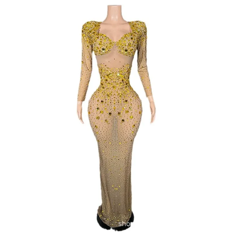 Luxo ouro diamante sexy malha temperamento vestido adulto modelo passarela roupas da moda empresa reunião anual vestido de noite vestito