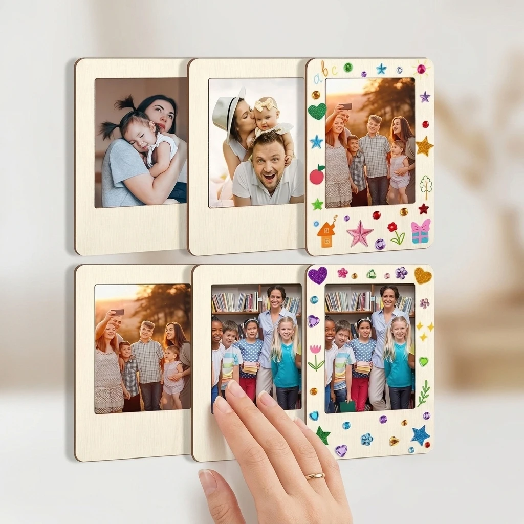 Creative Magnetic Photo Frames Unfinished Wood DIY Mini Picture Frame Kit for Fridge Whiteboard Kids Art Craft Projects
