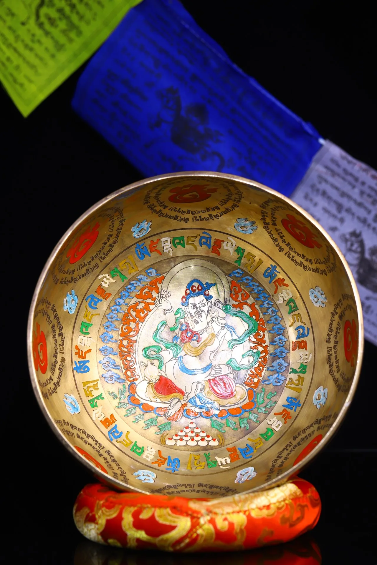 

9"Tibetan Temple Collection Old Bronze Painted Yellow Jambhala Happy Buddha Scripture Buddhist Music Bowl Worship Hall