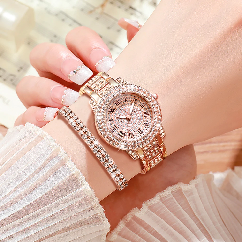 2PCS Fashion Imitation Diamond Women's Watch Bracelet Set with Diamond Strap and Simulated Quartz Watch Bracelet