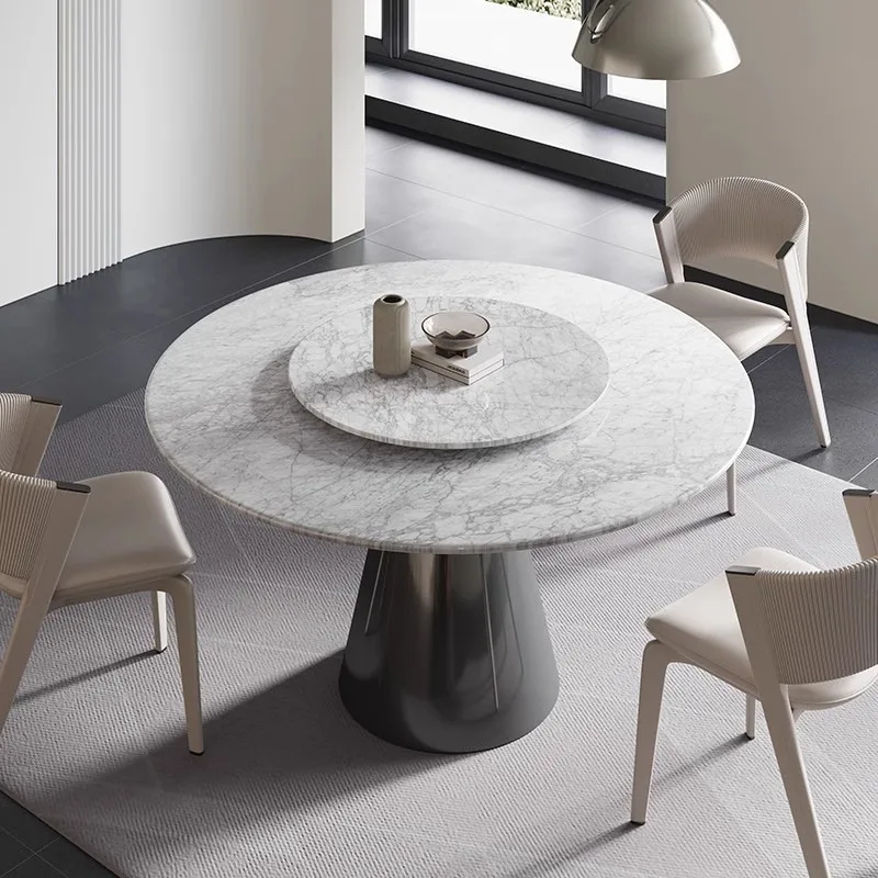 Natural marble round table Italian light luxury household small apartment round dining table with turntable