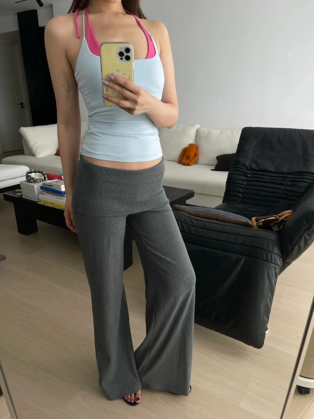 

Gray can be folded over the waist head loose knit pants temperament leisure high-waisted wide-legged women's pants 2025 new