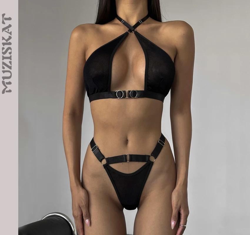 MUZISKAT New 2024 Fashion Cross Neck Backless Lingerie Comfortable Mesh Erotic Two Piece Set Onlyfans