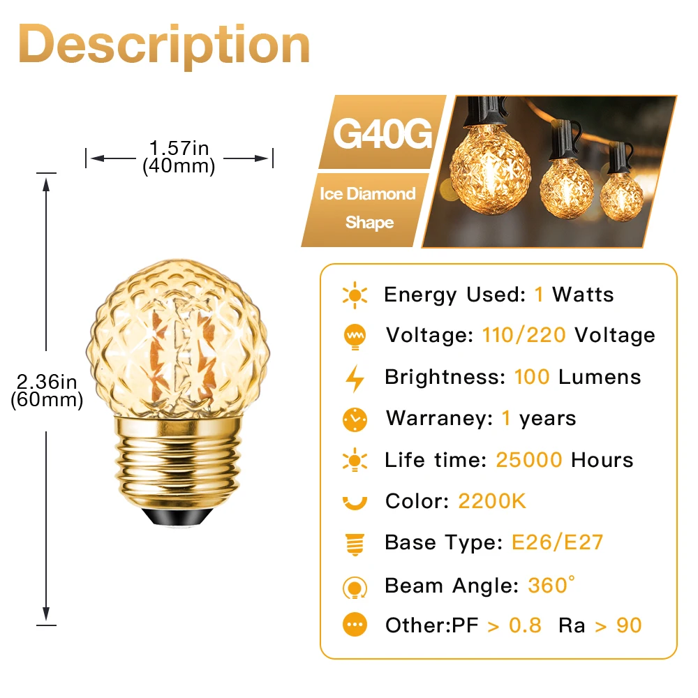 15pcs Retro Edison LED Filament Bulb Lamp E27 220V 110V G40 1W Crystal Decorative Pineapple Led Bulb for Street Garland Outdoor