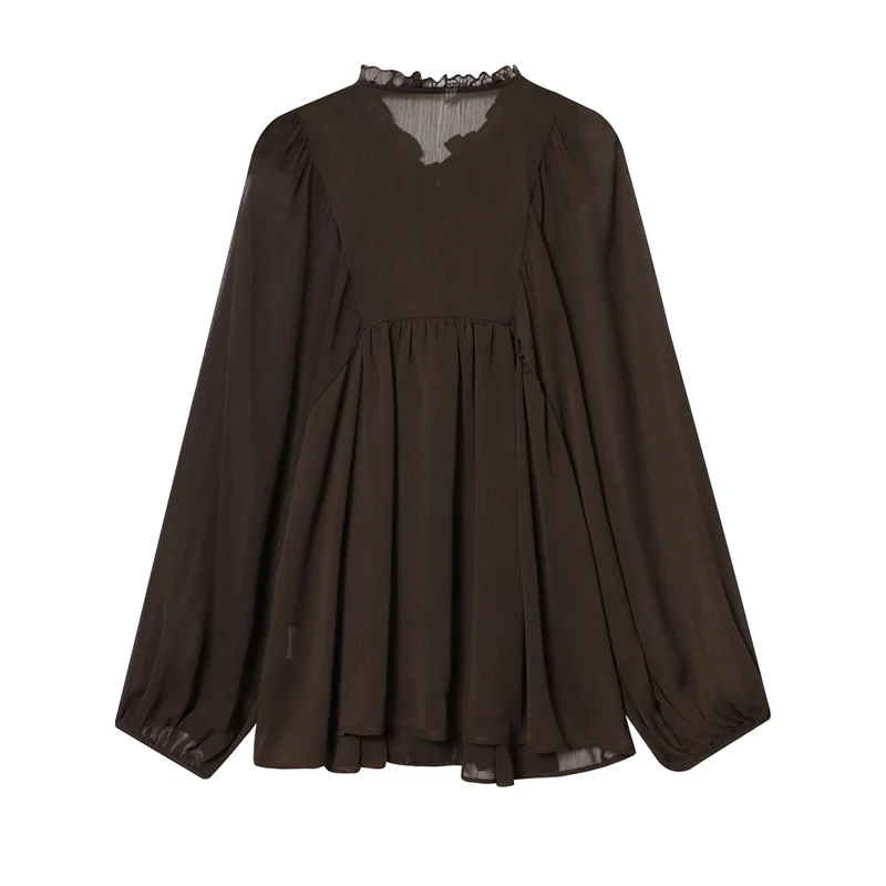 Women's Shirt 2025 Autumn New Style, Dark Brown Long Sleeve Layered Decorative Tie Draped Shirt Casual Fashionable Versatile