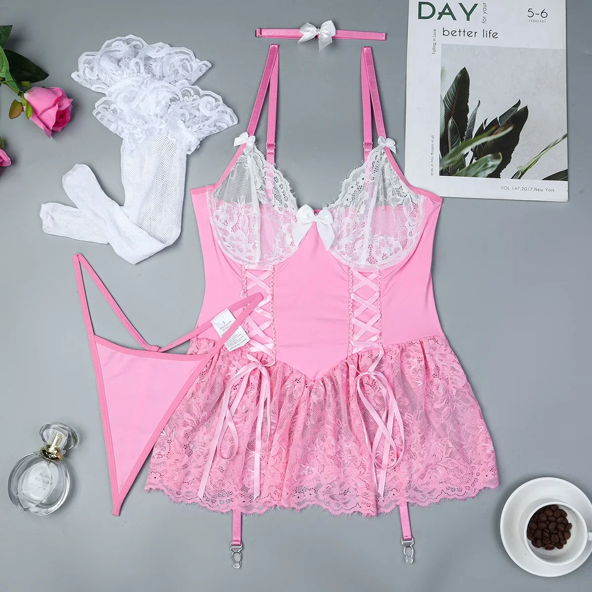 

Lovermore Lingerie for Women Patchwork See Through Lace Sexy Tops Panty Set with Stocking Complete Underwear Exotic Fine Apparel