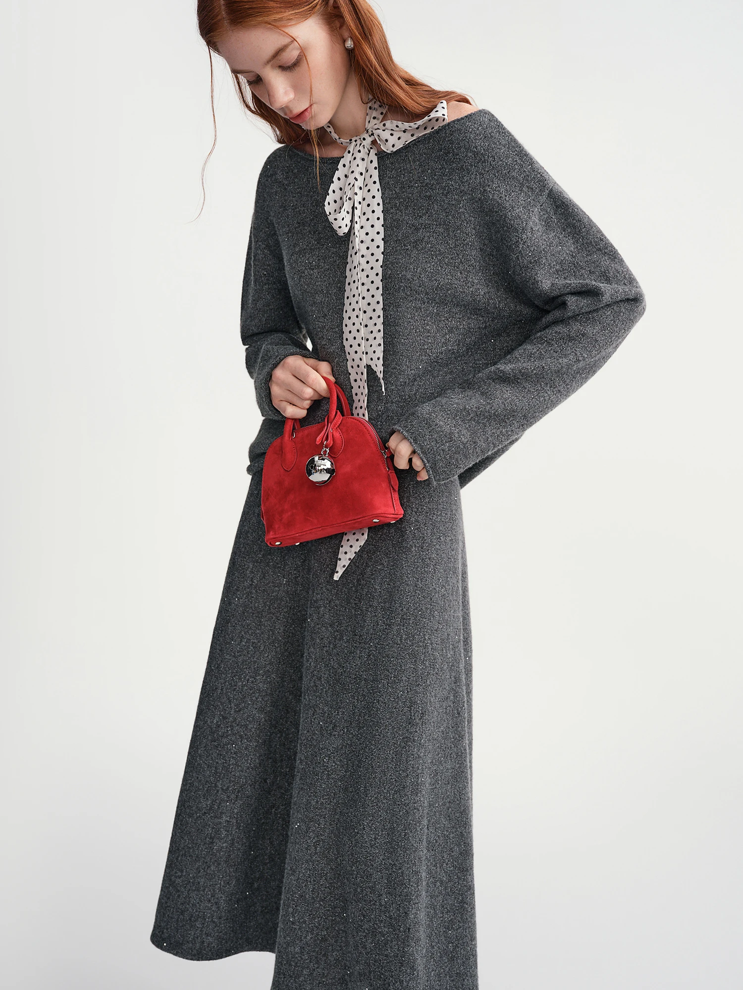 DUSHU التنانير مجموعات النساء رمادي مائل الرقبة سترة فضفاضة محبوك دعوى التنقل مكتب سيدة قطعتين الشتاء بسيط للجنسين Ins