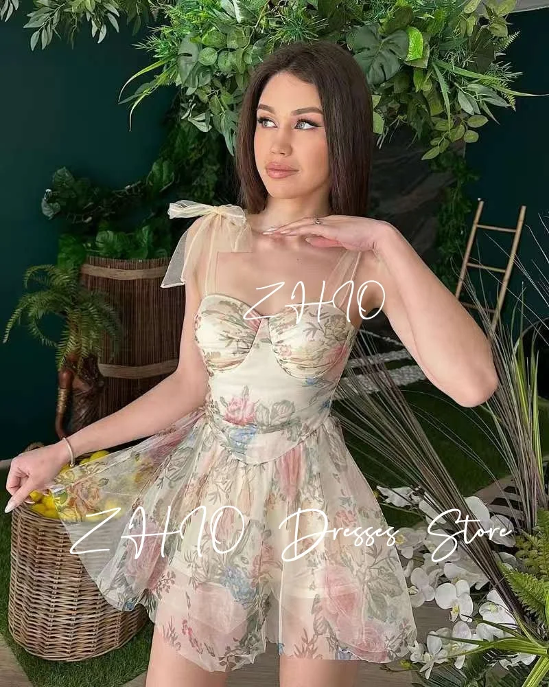 ZHIO Elegant Floral Print Short Wedding Party Dress Spaghetti Strap Bow A-Line Draped Mini Special Occasion Prom Gown Customized
