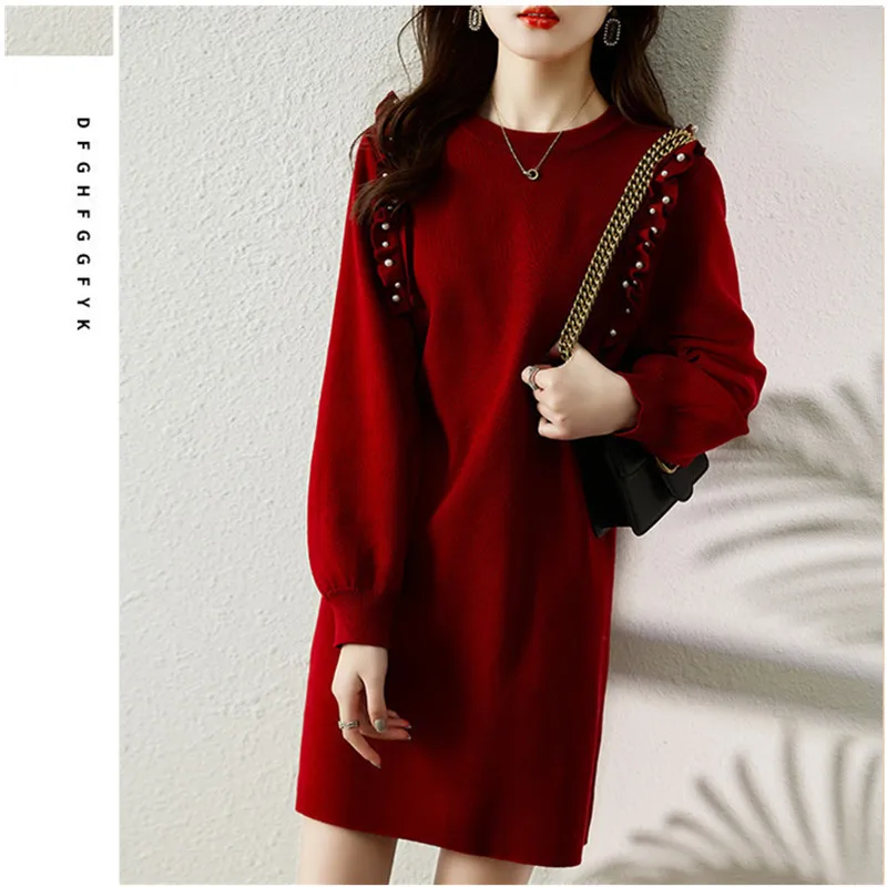 

Women's Loose Long Sleeve Round Neck Knitted Dress Autumn Winter New Frock Coat Sweater Dress Knee Length Comfortabl Clothes
