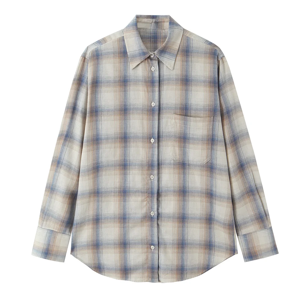 

Новая женская модная повседневная рубашка с отложным воротником, длинными рукавами, свободного кроя, в клетку, с карманами, 2026