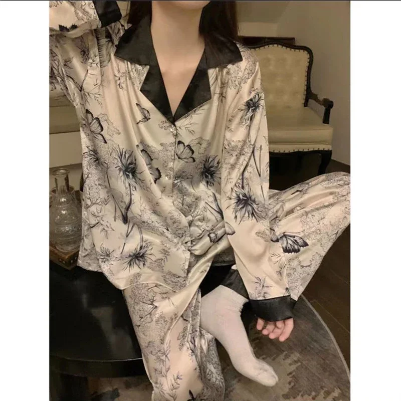 Aesthetics Art Print Simulated Silk Women\'s Pajamas 2024 New Spring Fashion Female Home Lounges Classy Long Sleeve Pant Homewear