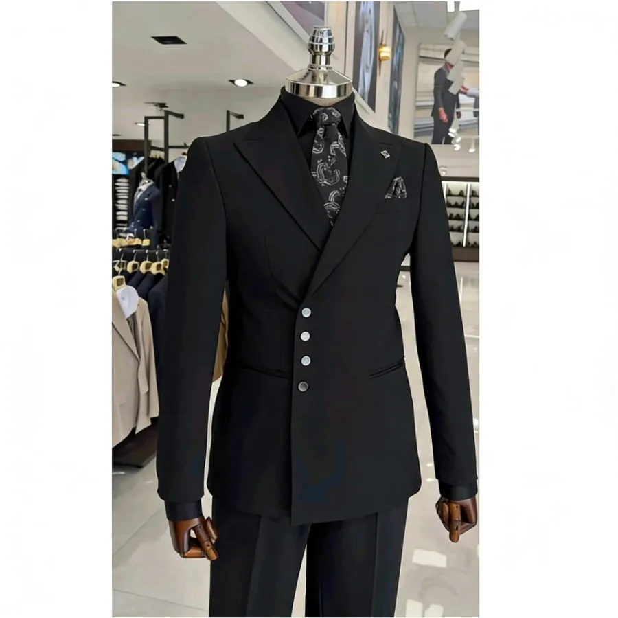 

Men's Black Suits 2 Pieces Single Breasted Peaked Lapel Formal Business Wedding Party Dress Custom Male Clothing Jacket+Pants