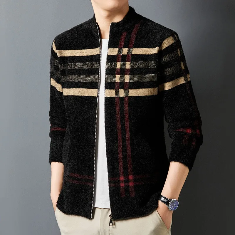 

Thiened Baseball Collar Mink Velvet Cardigan Sweater Men's Casual Knitted Outerwear Warm Faionable Loose Fit Winter Coat