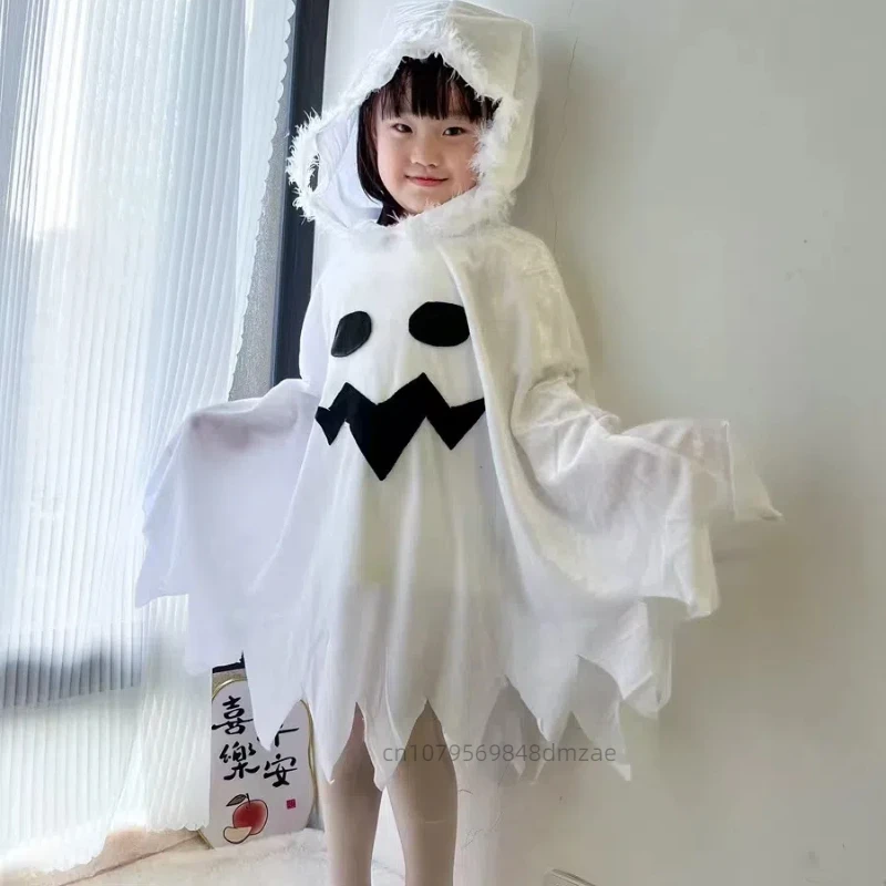 Halloween Cosplay Children's Costume, White, Black, Luminous Ghost, Glowing Ghost Face, Cloak, Shawl, Party Costume