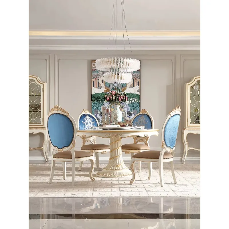 

French style, solid wood gold foil carved round dining table, European court style flat dining table and chairs