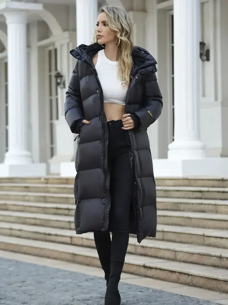 Doudoune longue à capuche pour femme, manteau en coton noir, streetwear chaud, vêtements d'extérieur en plumes, garder l'épaississement, femme, hiver, mode, 2024