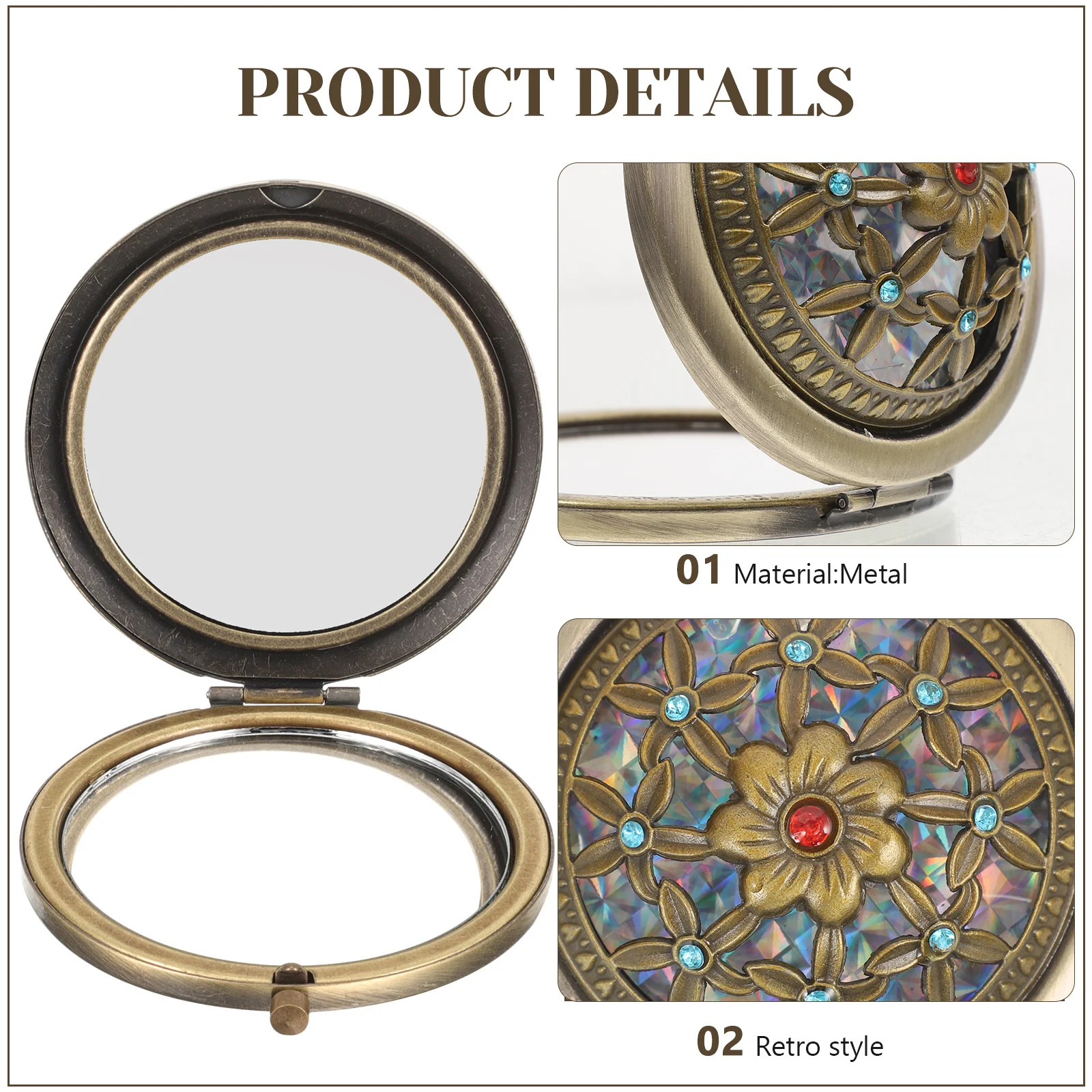 Miroir de poche pliable Double face pour sac à main de maquillage, motif Floral en alliage de Zinc Durable de 7cm