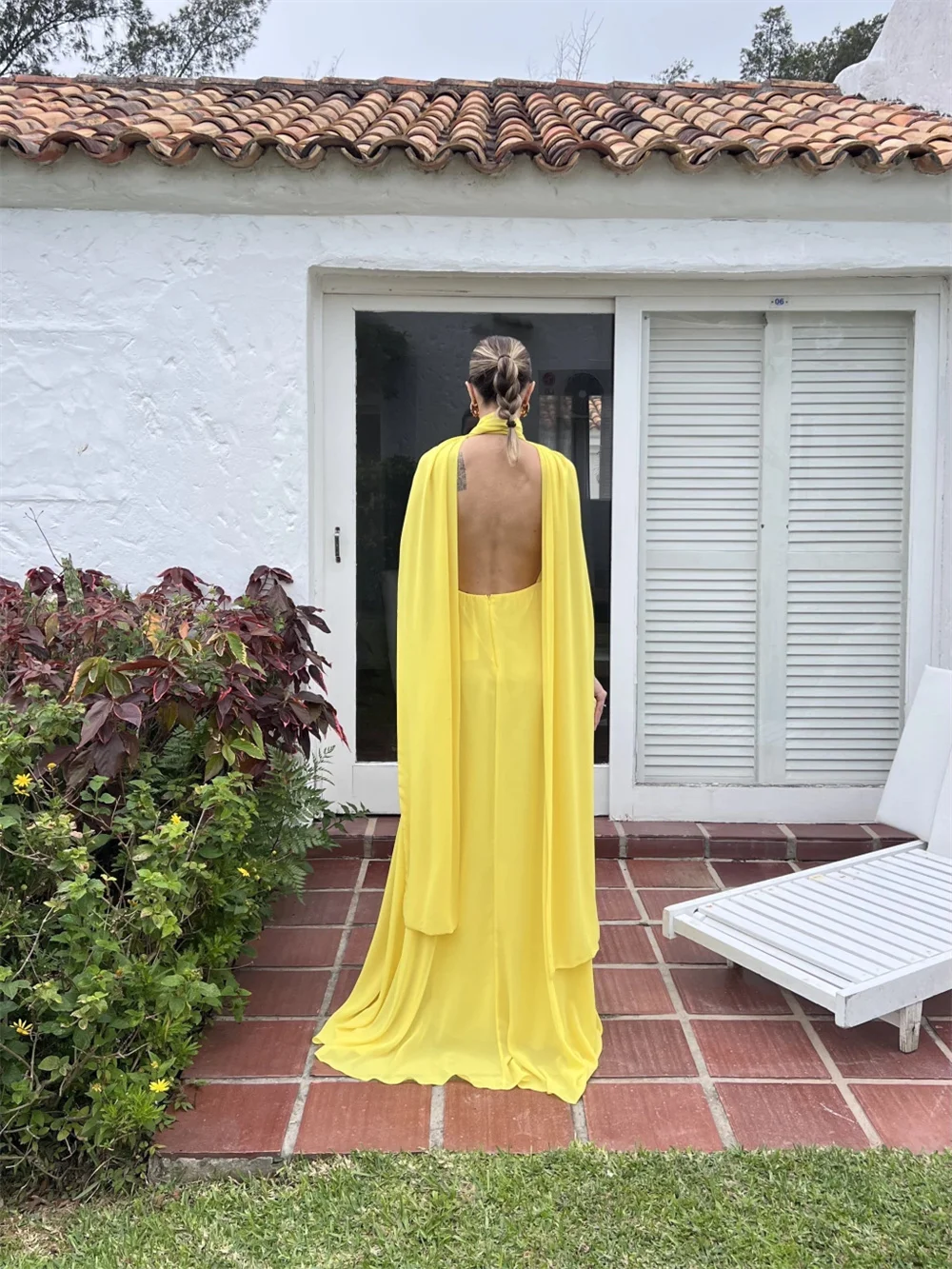 Among-vestido De gasa con manga larga y abertura lateral para mujer, traje De Fiesta De graduación con corte en A, color amarillo claro, espalda abierta