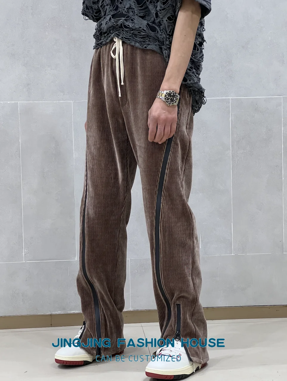 

S-4XL!!2023 Chocolate brown corduroy trousers niche spring and summer new waterproof zipper straight