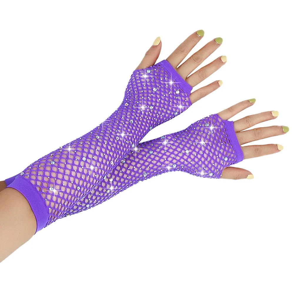 Guantes de rejilla con diamantes de imitación para mujer, Sexy, muy elástico, decoración de noche, graduación, sin dedos, Punk, gótico, rendimiento de discoteca, fiesta