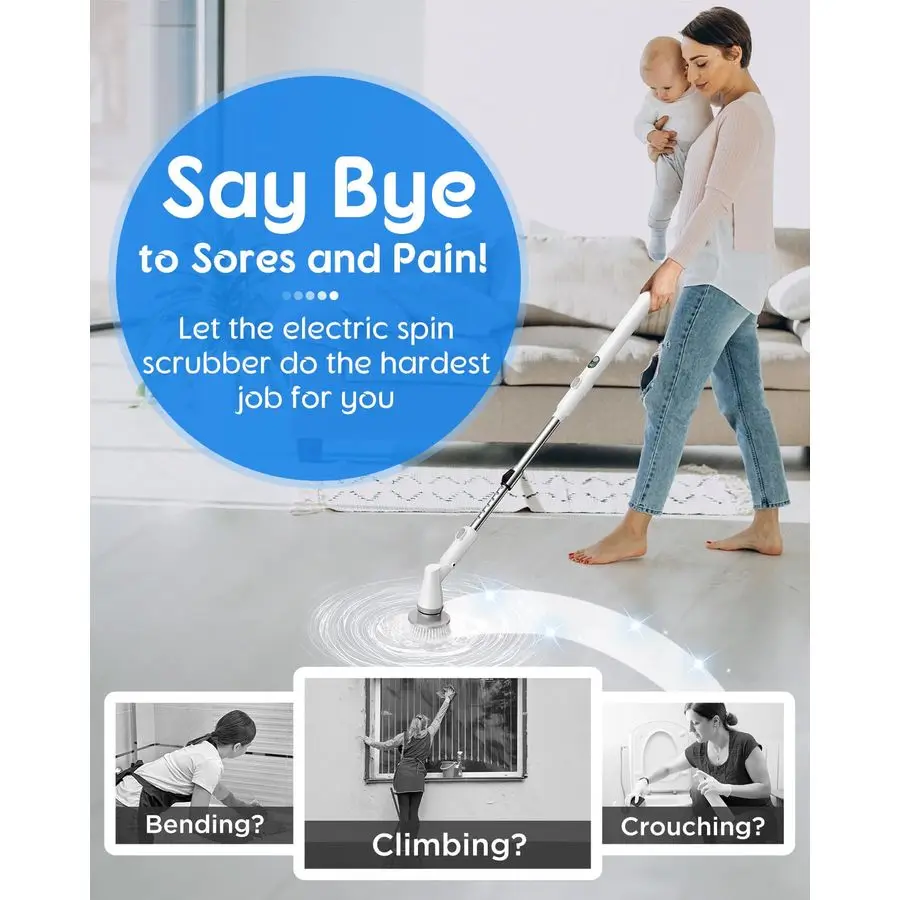 Spin Scrubber with Big Display, Fast Charging Cordless Cleaning Brush with Adjustable Long Handle, 2 Speeds amp 4 Replaceable Br