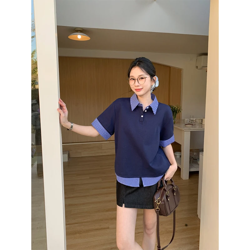 Commuter Double Neck Plaid Stitching Fake Two-piece Contrasting Polo Shirt Top