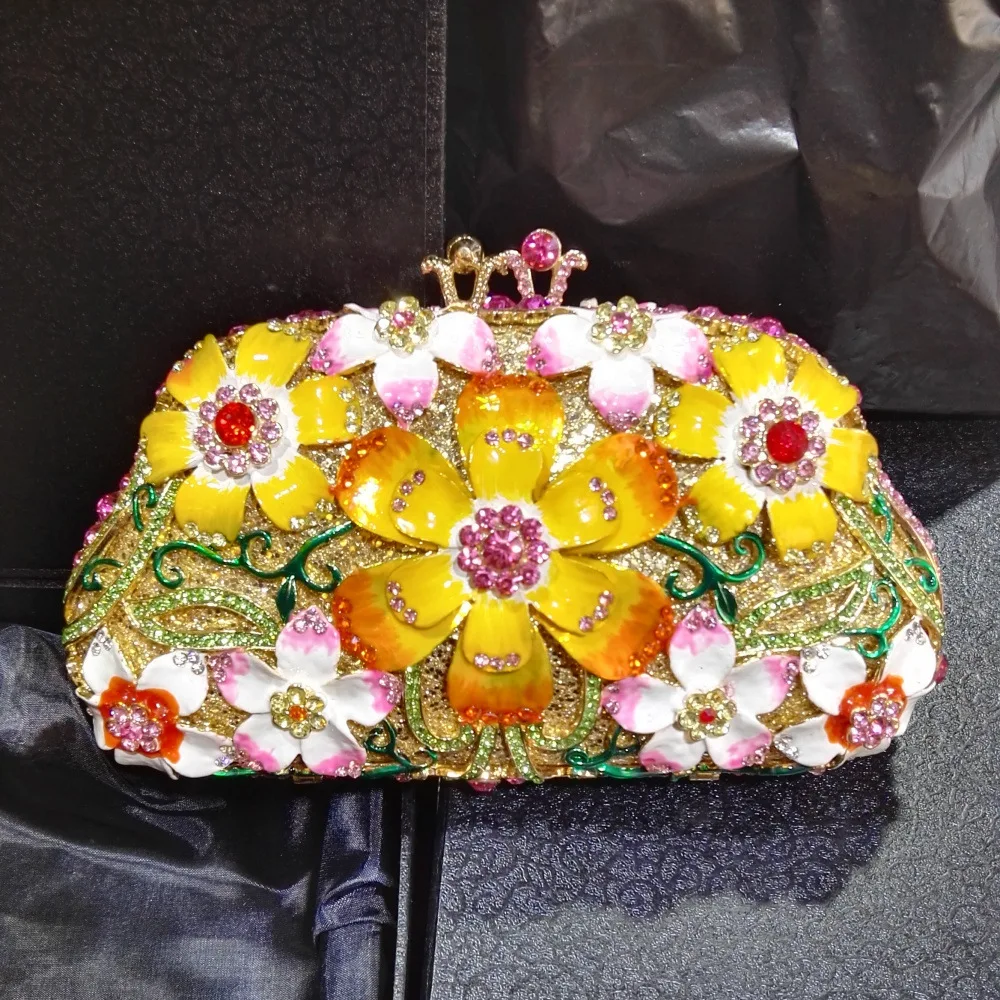 Oil Drop Flower Rhinestone Bag Empty Metal Crystal Dinner Diamond Clutch Bag Trendy Snap Closure Handbag Bolso De Diseñador Lujo