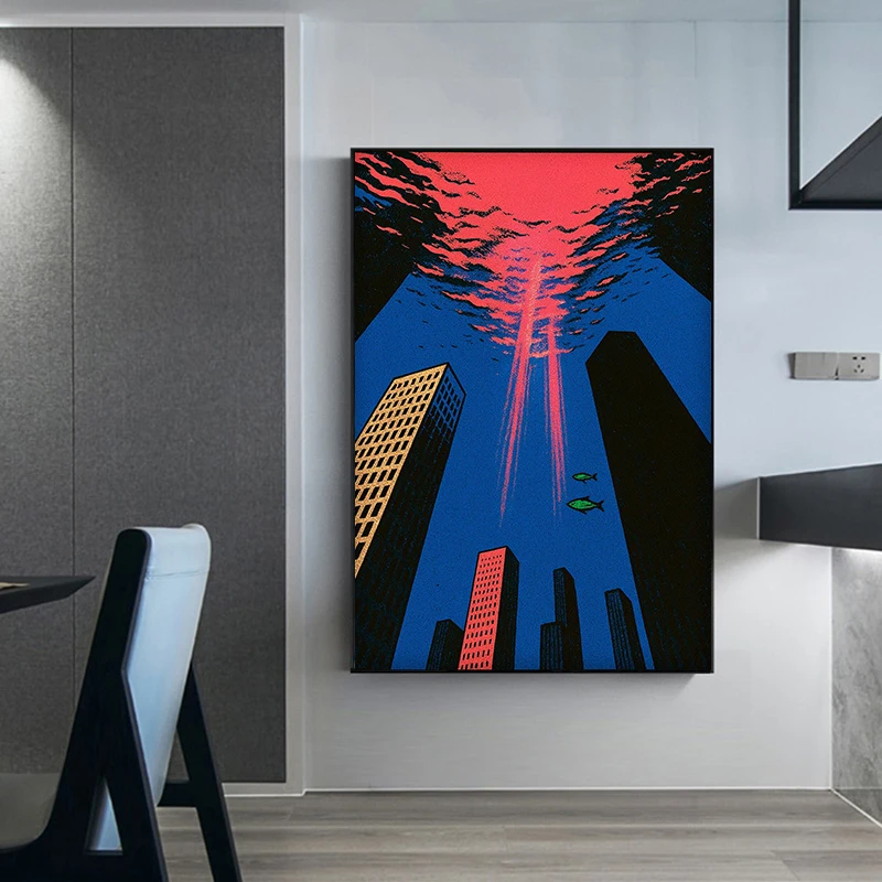 Retro Futurism Space City Landscape Poster Prints Canvas Painting Retro Cosmic Wall Art Pictures Home Room Sci Fi Lovers Decor