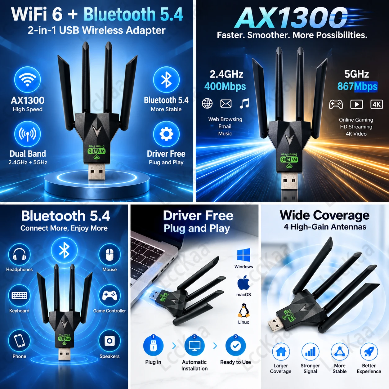 LccKaa AX1300 WiFi6 USB Adapter Bluetooth5.4 Dual Band 2.4G 5G 1300Mbps Wireless Network Card Driver Free for PC Laptop Desktop - view 4