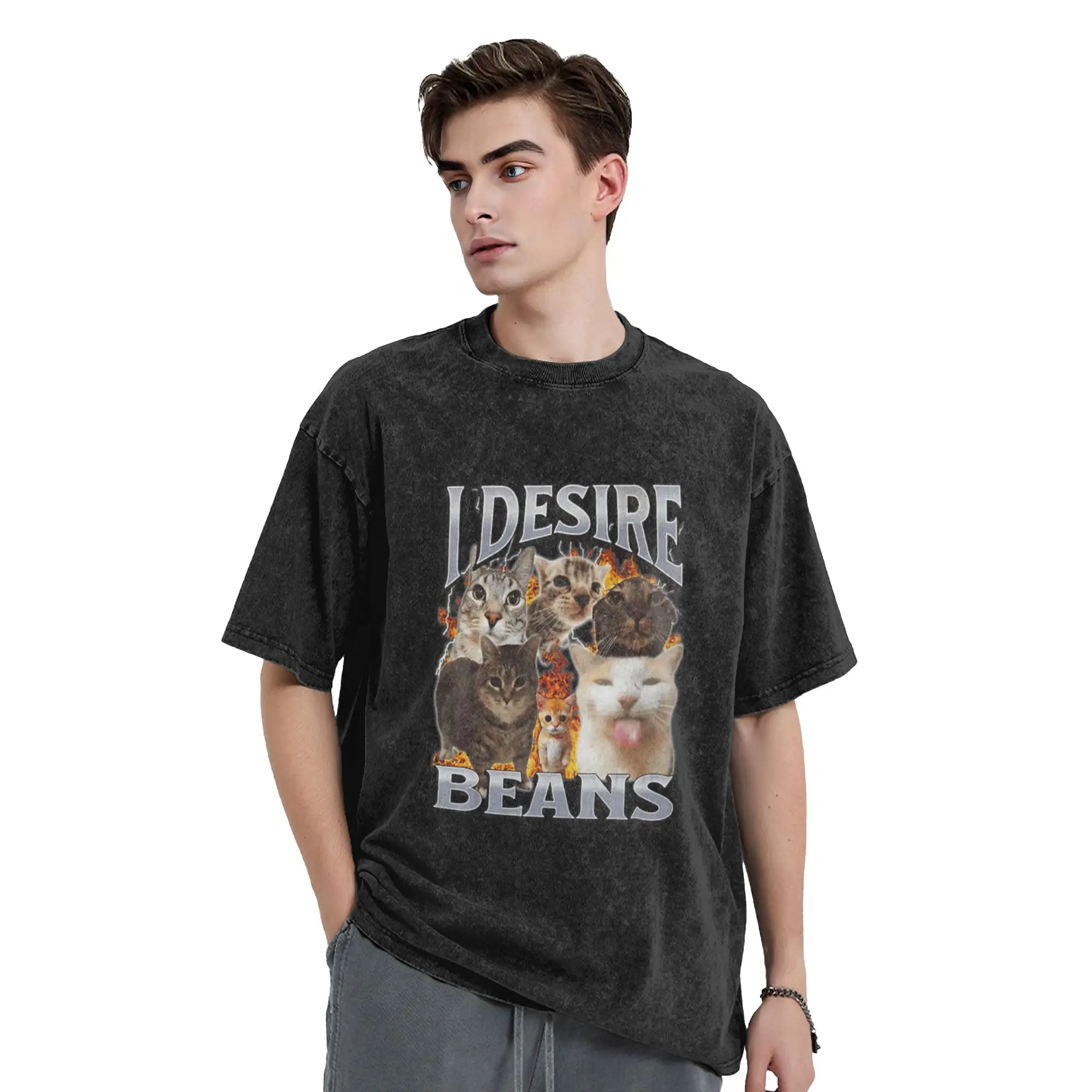 I DESIRE BEANS Funny Cat Meme Food Humor Cute Animal Unique Chic A Washed T Shirt Men's Women's Oversized Cotton Tees Tops
