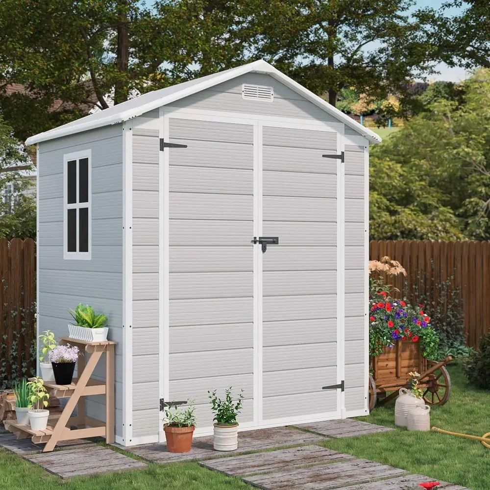 

6x4 FT Resin Outdoor Storage Shed with Floor, Plastic Storage Shed with Lockable Door, Outside Shed Perfect to Store Patio Furn