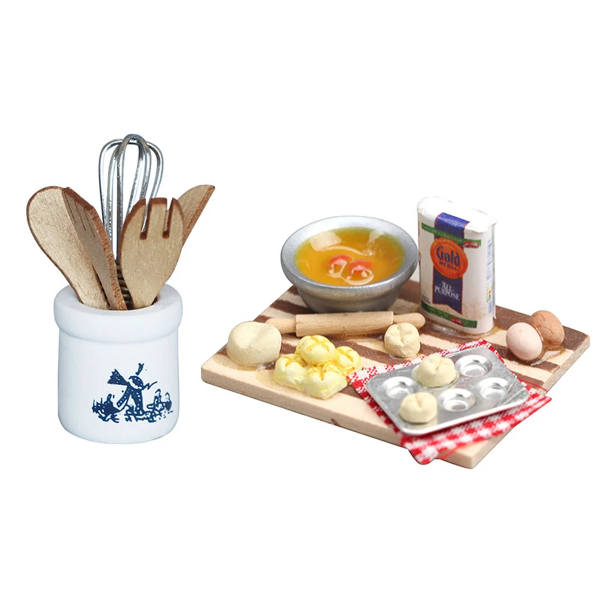 

1:12 Doll House Accessories Mini Kitchen Accessories Wooden Knife and Fork Metal Whisk Set Miniatures