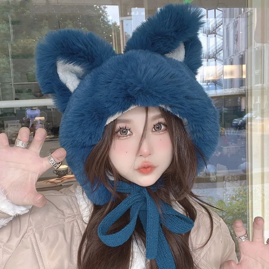 Big Ear Knitted Hat Velvet Warm Knitted Ear Protection Hat Pullover Hat Korean Cute Women's New Pink Plush Ball Hat Winter