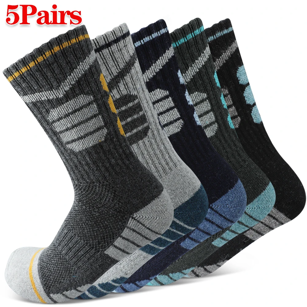 5 Pairs Men's Wool Mid-calf Socks Geometric Pattern Sports Socks Cozy Thermal Winter Outdoor Socks Suitable for Skiing Hiking