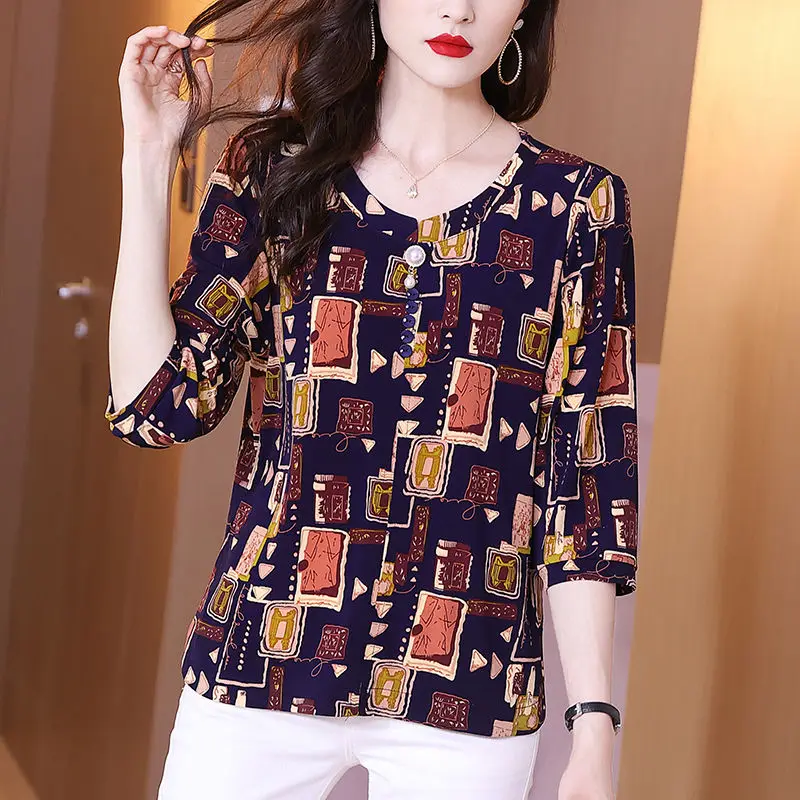 Vintage Elegant Graphic Print Chic Beaded Shirt for Women Casual Round Neck Three Quarter Sleeve Top Blouse Blusas De Mujer 2023