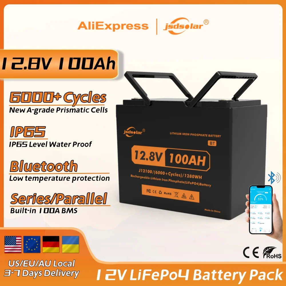 

jsdsolar 12V 100Ah LiFePO4 Grade A Deep Cycle Solar Lithium Battery Built-in Bluetooth BMS for RV Camper Golf Cart Solar Storage
