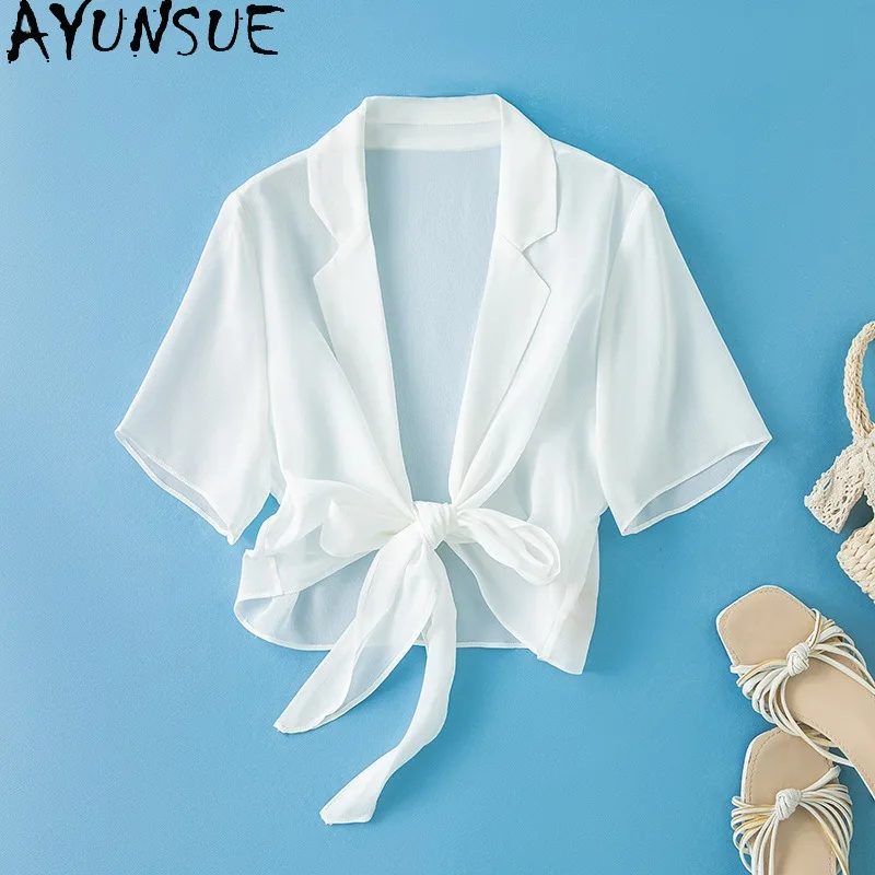 AYUNSUE Double Crepe Silk Tops for Woman Thin Summer Top OL Sunscreen Cardigan Stylish Going Out Top Woman Clothes Топ Женский