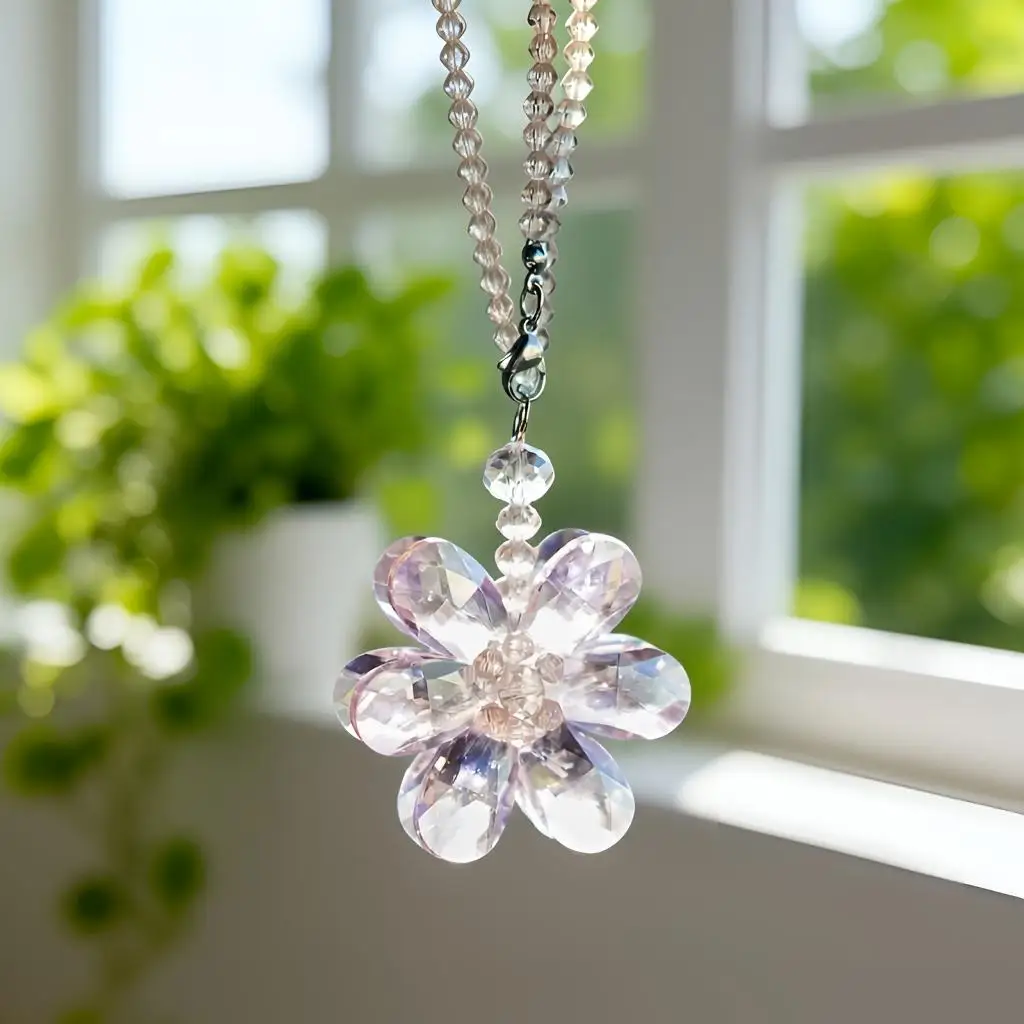 1PC Pink Crystal Flower Car Rear View Mirror Pendant Beads Charm Decor for Women Interior Accessories