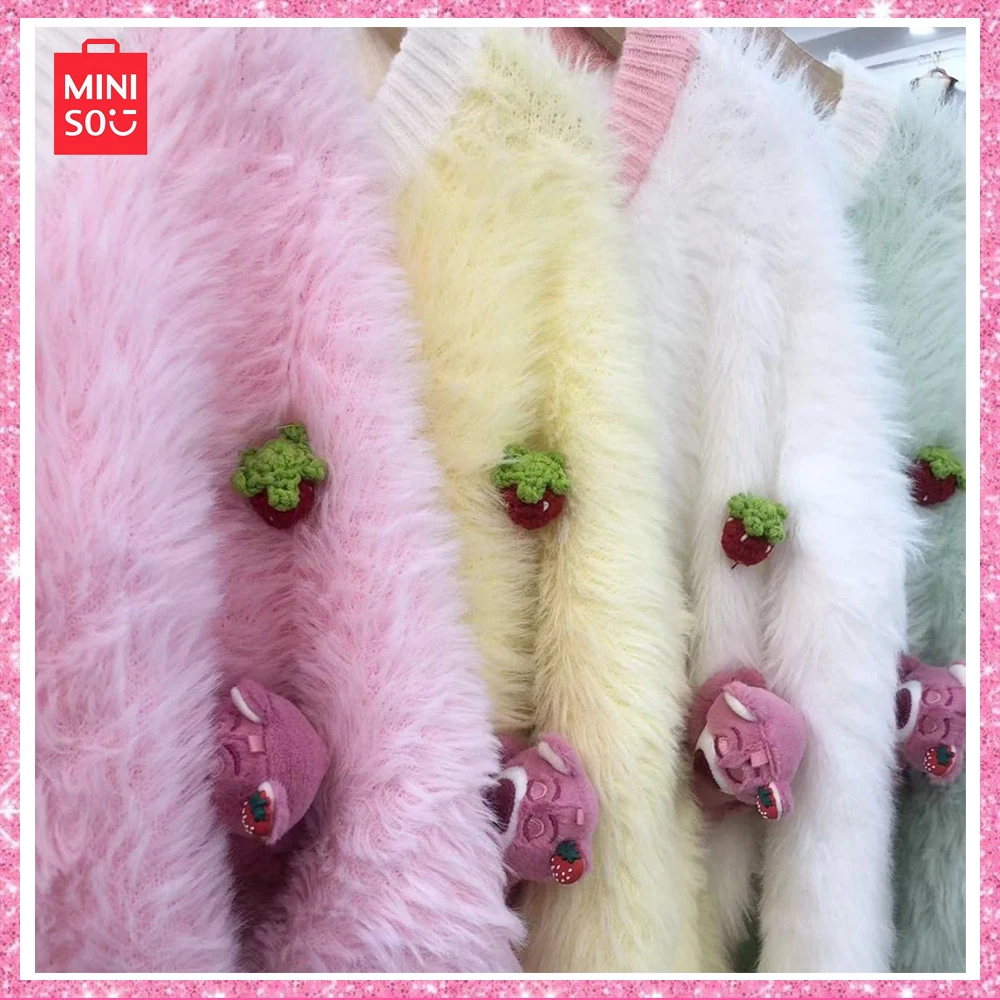 2023 Miniso Lotso New Autumn Cute Sweet Mink Fluffy Cardigan Languid Comfortable Looking Coat Pink Kawaii Christmas Girl Gift