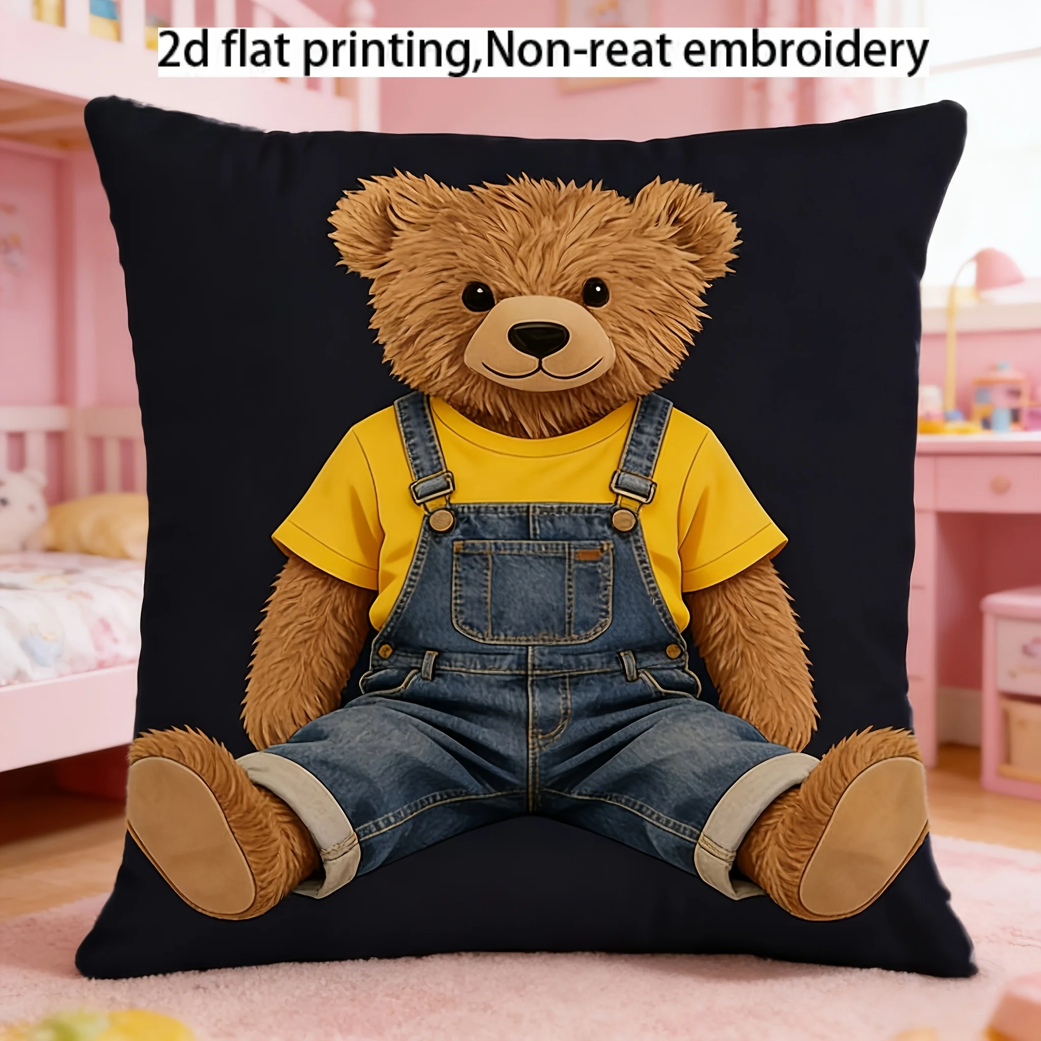 1pc Cute Brown Teddy Bear in Denim Overalls Throw Pillow Cover for Kids Bedroom Decor