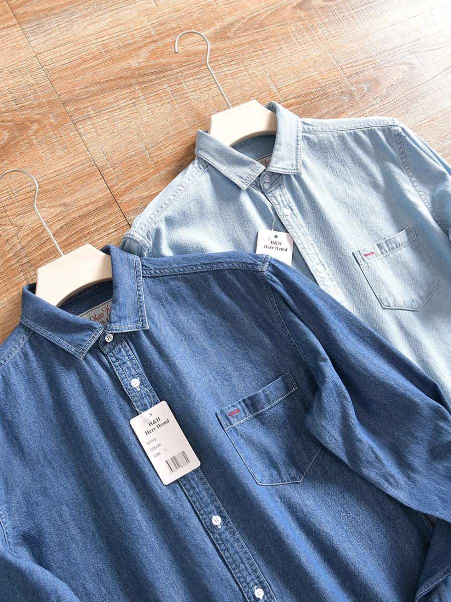Washed Cotton 100% American Retro Style Men's Fashionable Pure Color Spring Denim Jacket Shirt Trendy Long Sleeve Sharp Collar