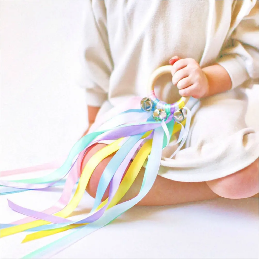 

2Pcs Rainbow Ribbon Streamers for -Friendly Wooden Handle Dancing Ribbons with Bells Early Color Cognition Educational