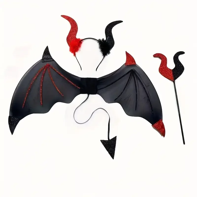 Dreiteiliges Zauberstab-Set mit Fledermausflügeln, Teufels-Stirnband, Halloween-Partykostüme, Rollenspiele und Partysets. – Detail 3