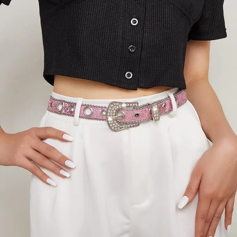 1 Stück Damen-Gürtel mit Strassbesatz, Punk-Stil, glitzernde Kristallschnalle, verstellbare Löcher für Streetwear, Konzerte, Party-Outfits – Detail 6