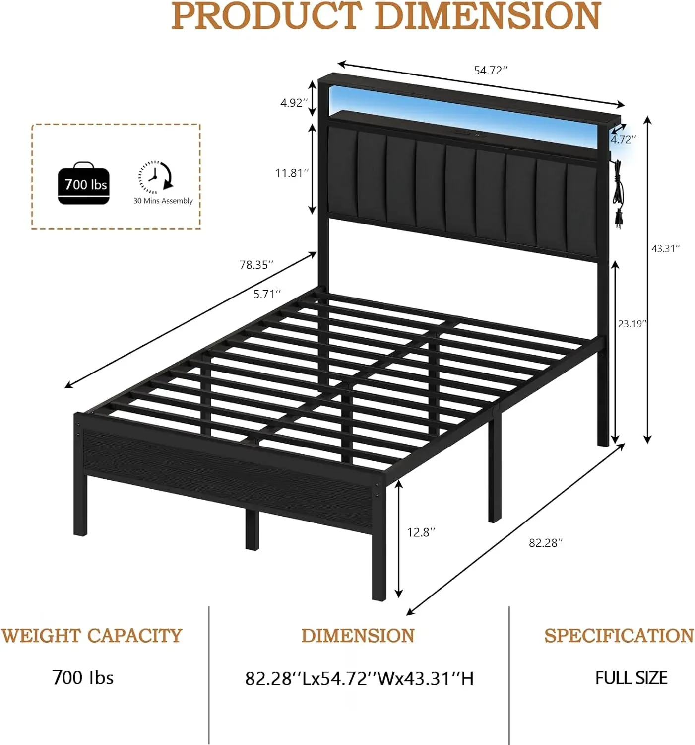 Full Size Frame with Charging Station and LED Lights, Platform Bed with Metal Slats, Grey Upholstered Headboard