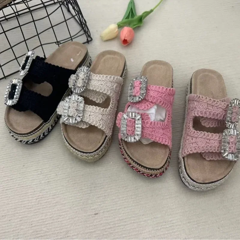 2024  women shoes claquette femme new thick-soled hemp rope double buckle square buckle cork beach slippers plus size